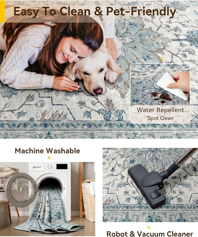 RELEANY Area Rugs 7'x9' Washable Non-Slip, Floral Vintage Distress Medallion