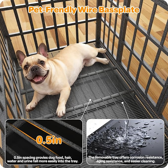 38 Inch Heavy Duty Dog Crate, Indestructible Escape-Proof Dog Kennel for High Anxiety Large Dogs, Strong Metal Pet Cage with Double Doors, Lockable Wheels & Removable Tray, XL XXL XXXL