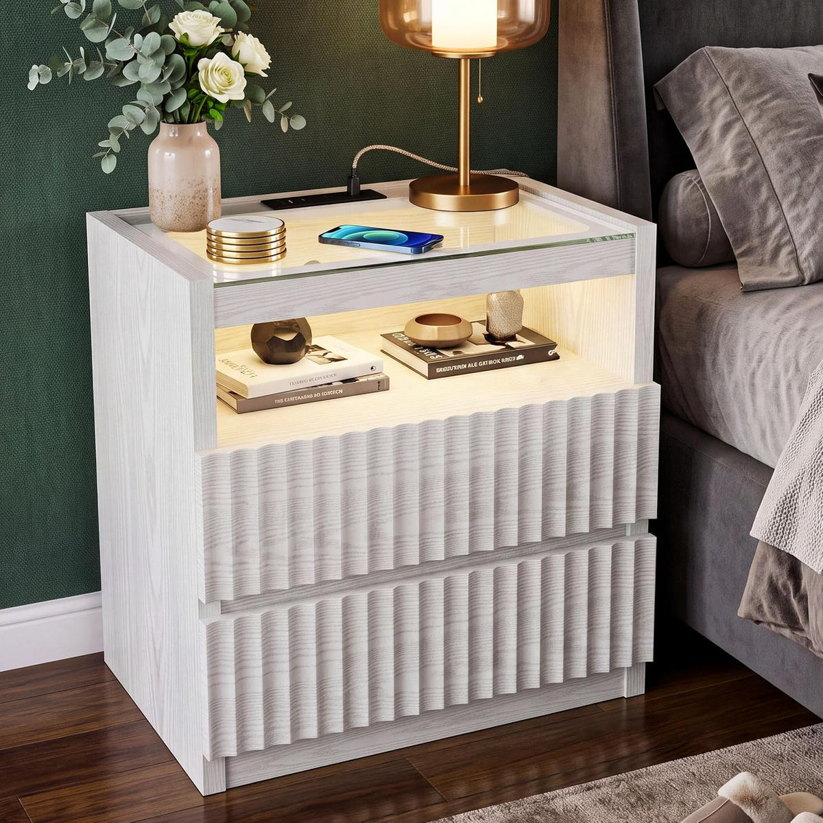 Modern Nightstand with Charging Station,Fluted 2 Drawers,White Oak Finish