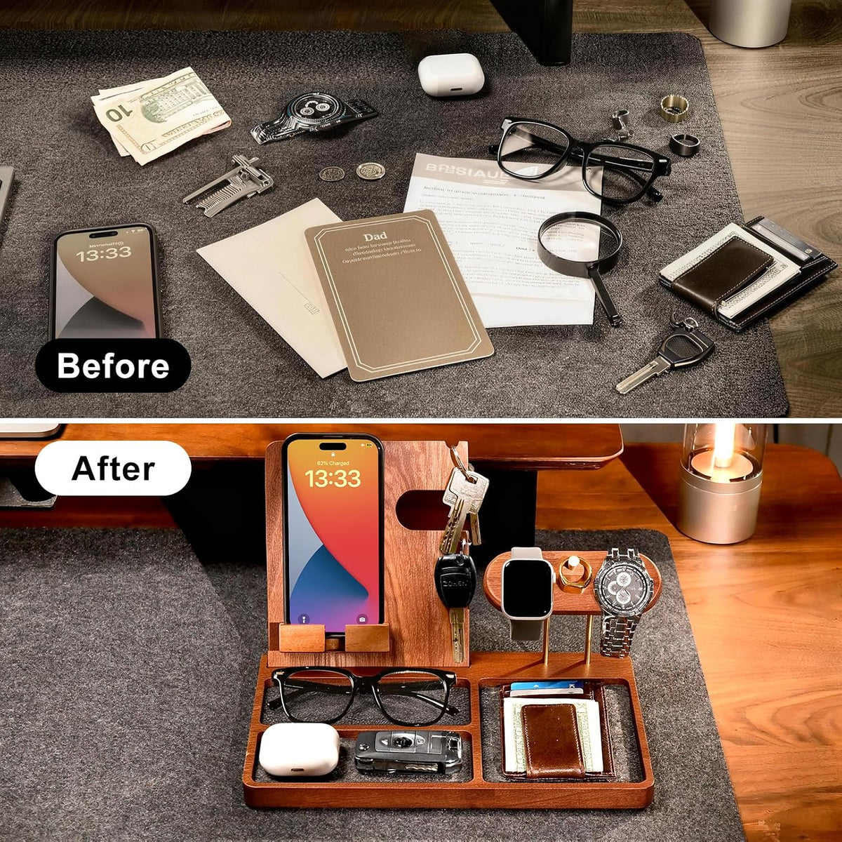 Wood Nightstand Organizer for Men, Gift for Dad Husband, EDC Tray
