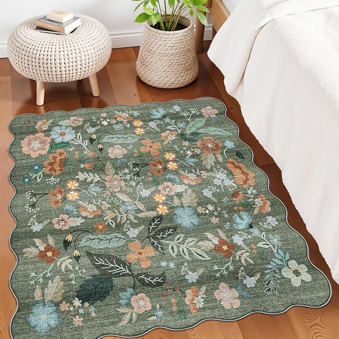 Floral Square Area Rug for Family: Washable 5x5 Scalloped Carpet for Living