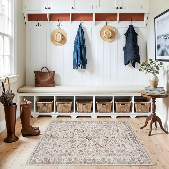 3x4 Entryway Rug Washable Non-Slip–Boho Floral Stain-Resistant Small Area Rug
