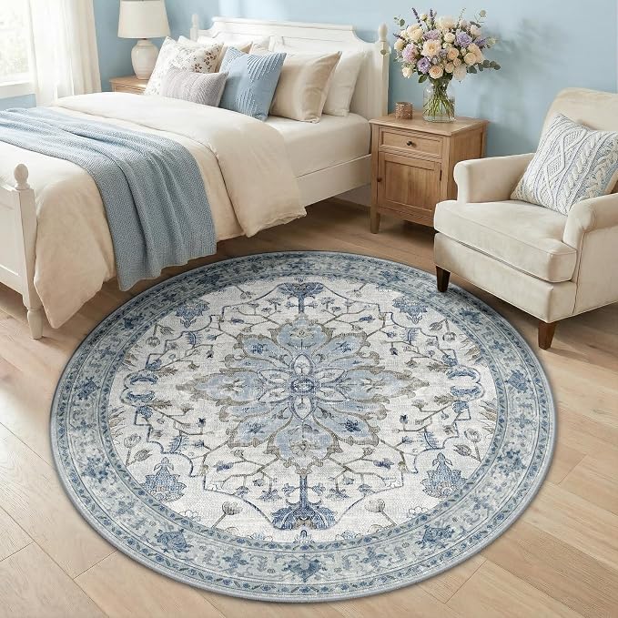 RELEANY Area Rugs Round 5ft Washable Non-Slip, Floral Vintage Distress