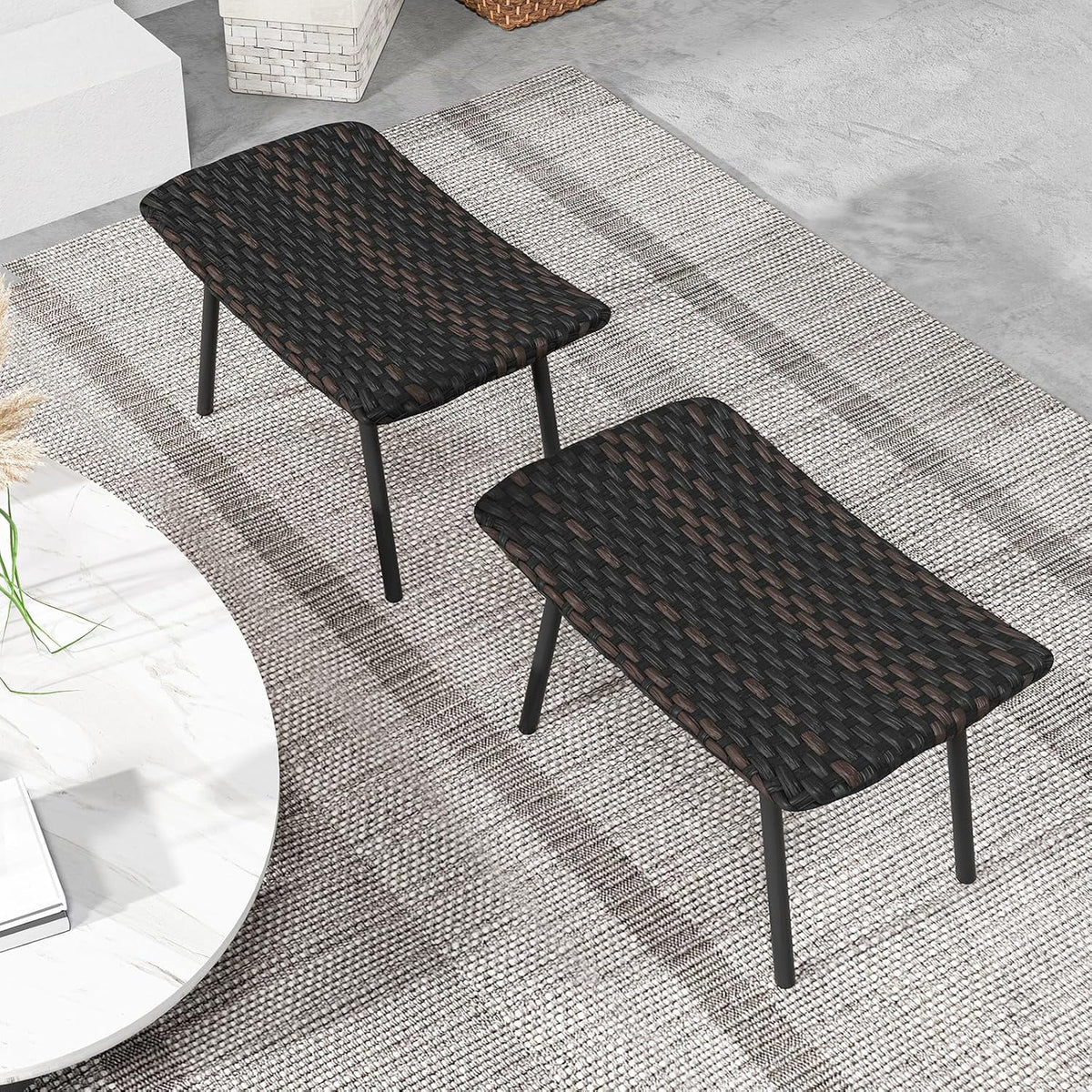 Tangkula Set of 2 Patio Ottomans, Multipurpose Rattan Ottomans w/Padded Quick Dry Foam & Heavy-Duty Metal Legs, Outdoor Wicker Footrest Extra Seating for Poolside, Backyard All Weather Resistant