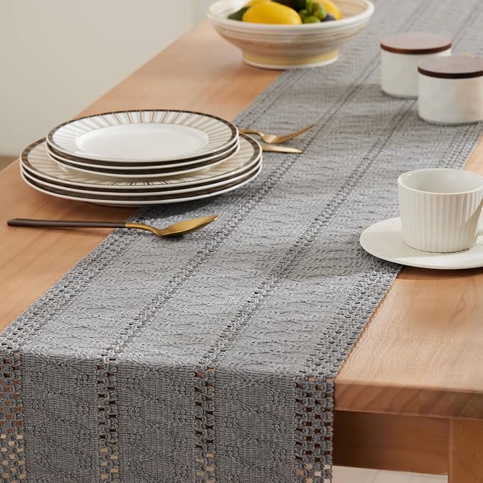 Macrame Style Boho Table Runner, 12x36 Inch Grey | Woven Boho Table Runner