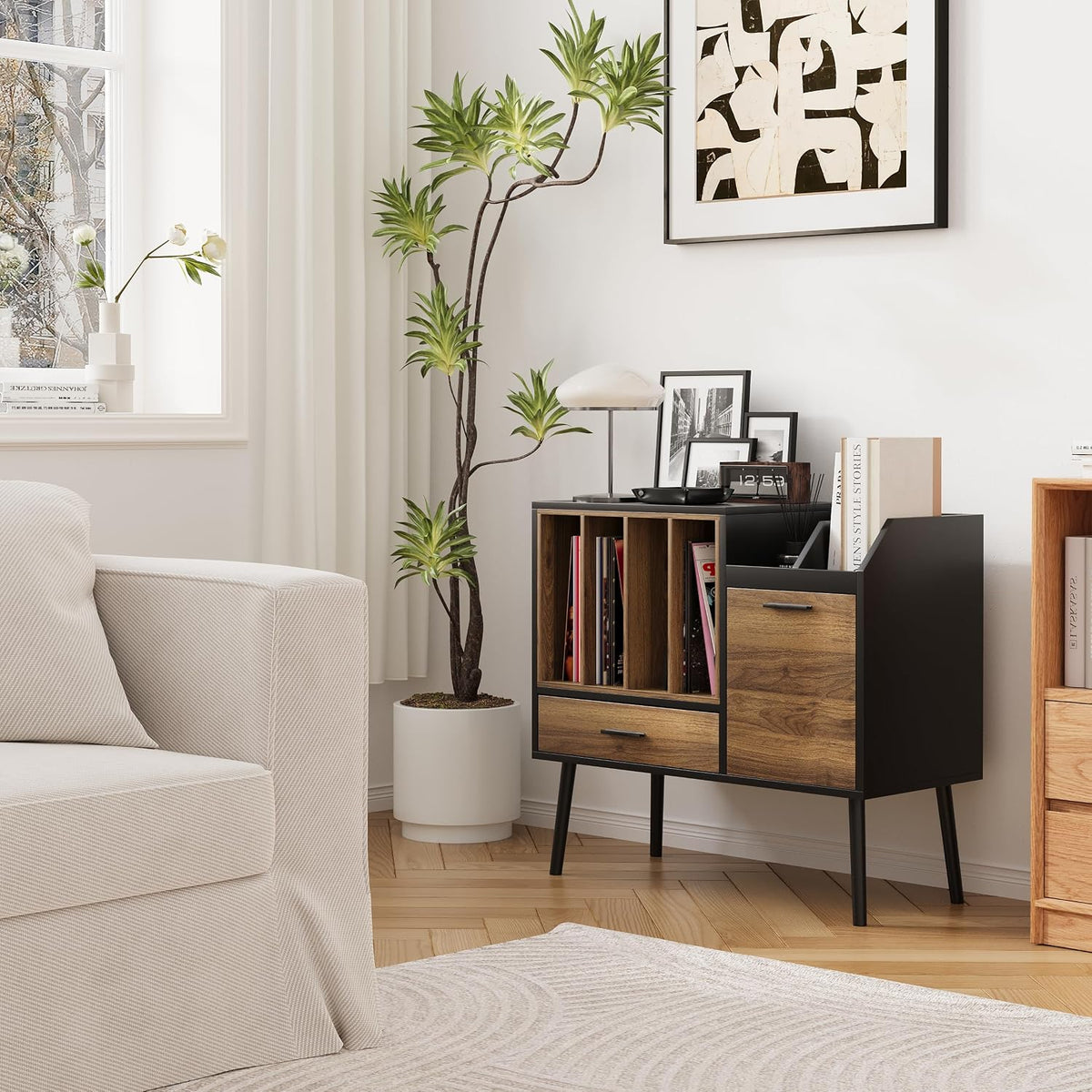 Semiocthome Record Player Stand with Nesting Vinyl Storage Crate, Record Player Table with a Drawer, a Cabinet, CDs Storage Area, Side End Table with Solid Wood Legs for Turntables for Living Room