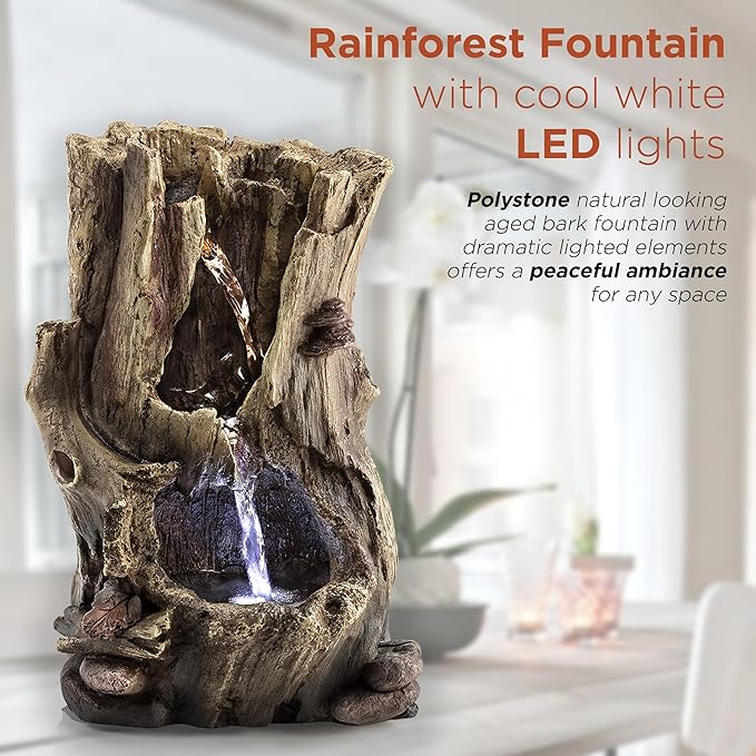Alpine Corporation WIN326 Indoor Tabletop Light-Up Tiered Rainforest Tree Trunk Water Fountain with LED Lights, 11", Brown