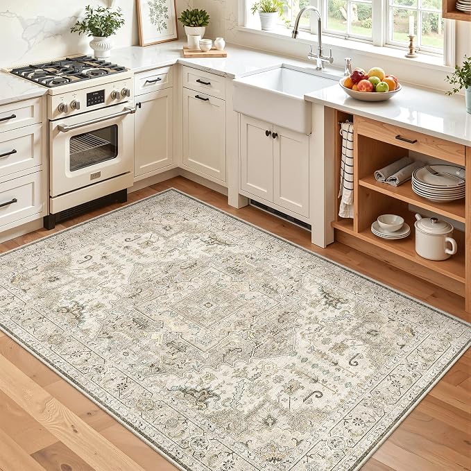 Madane Area Rug 3x5, Entryway Washable Printed Vintage Kitchen Carpet Non Slip