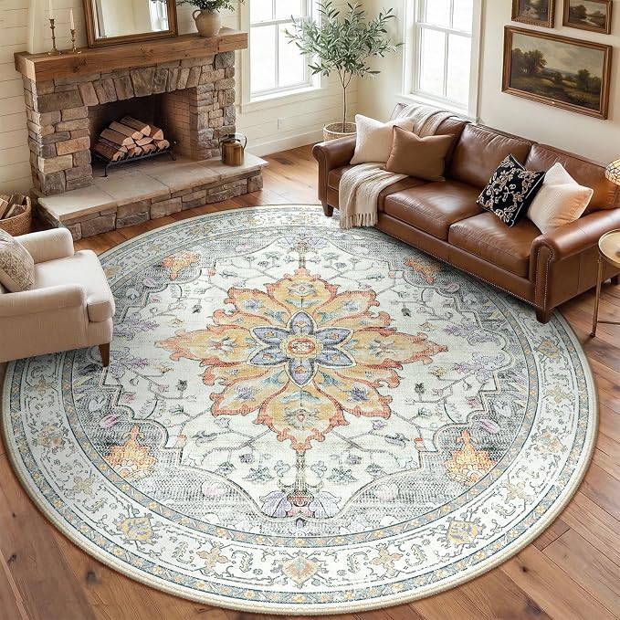 RELEANY Area Rugs Round 8ft Washable Non-Slip, Floral Vintage Distress