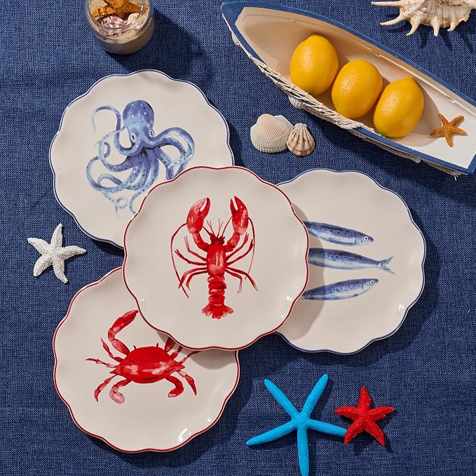 Bico Ocean Wonders Scalloped Salad Plates Set of 4, 8.75 Inch Ceramic Dessert
