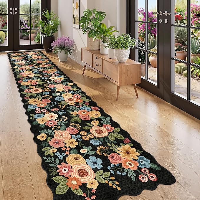 DUKINO 2.6x12 Runner Rug for Hallway, Non Slip Floral Washable Kitchen Rug