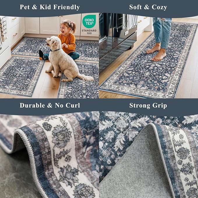 Kitchen Rug Sets 3 Piece Non Skid – Washable Small Kitchen Rugs and Runner Set