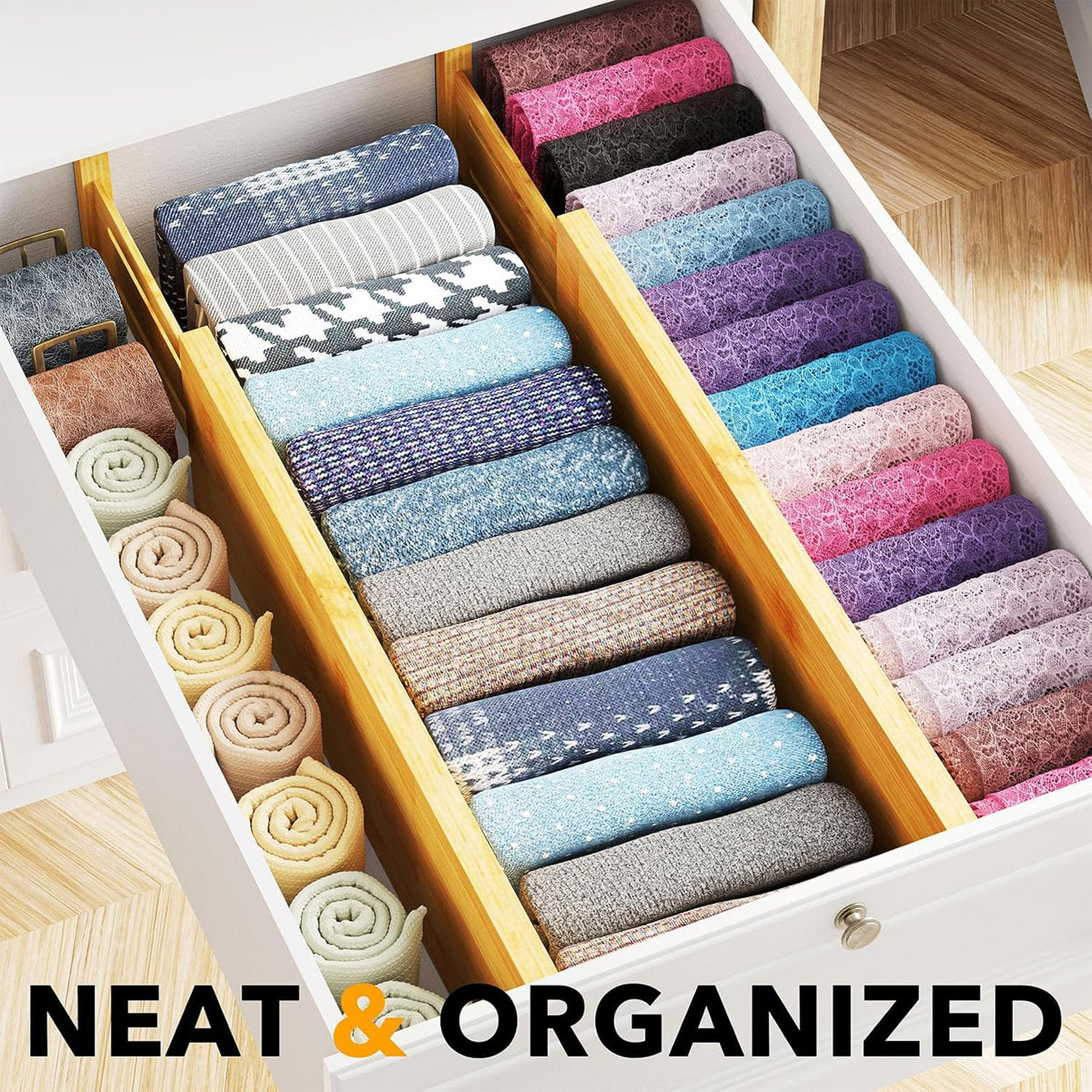 SpaceAid Bamboo 4 Pack Dresser Drawer Dividers, 4.65“ High Adjustable 17“-22” Drawer Organizers, Expandable Organization for Clothing, Clothes, Dressers, Natural