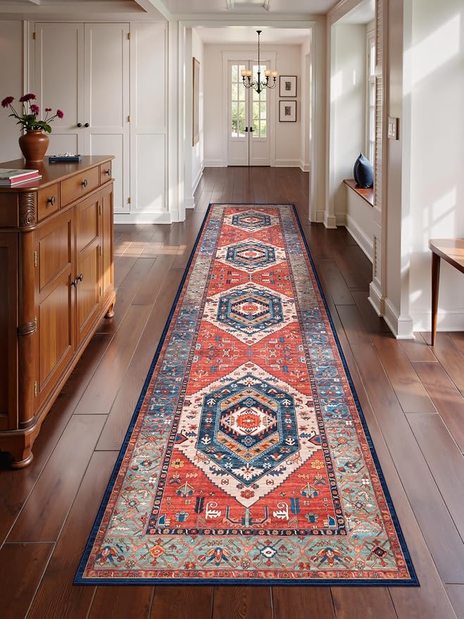 SERISSA Runner Rug for Hallways, Extra Long Boho Rug Ultra Soft Vintage Rust