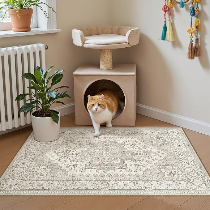 Madane Washable Area Rug 2x3, Small Entryway Rug Non-Slip Vintage Door Mat