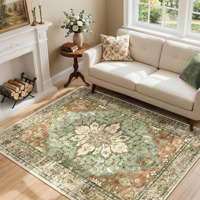 RELEANY Area Rugs 4'x6' Washable Non-Slip, Floral Vintage Distress Medallion