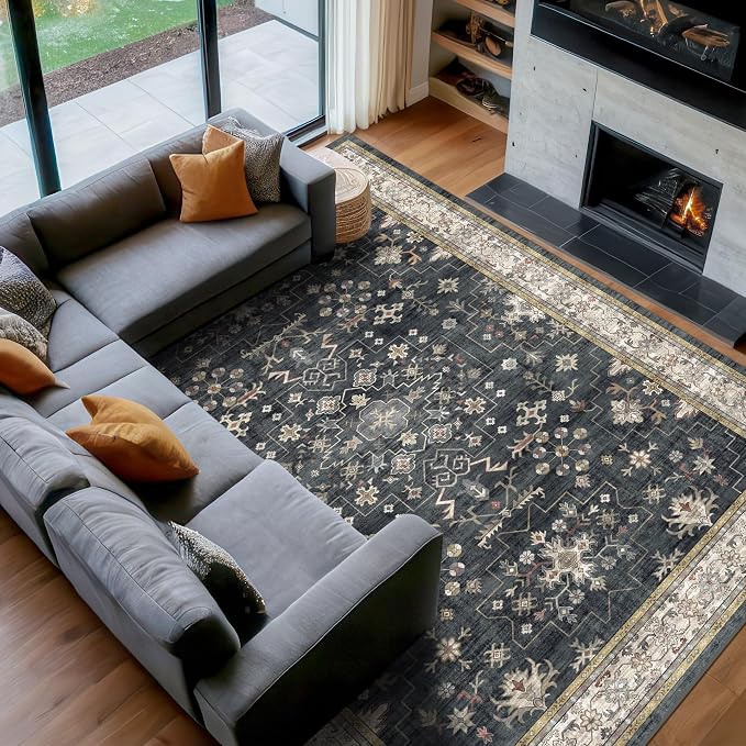 Black Boho Living Room Rug 5x7, Washable Dark Vintage Moody Low Pile Non Slip