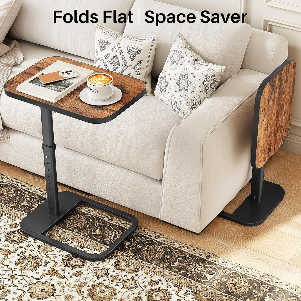 Kitstorack TV Tray Table, Adjustable Height & Flip-Top & Rounded Metal Corners, Snack Table for Couch, Sofa, Bed, Chair, Living Room, C Shaped End Side Table for Eating, Dinner or Laptop, Small Spaces