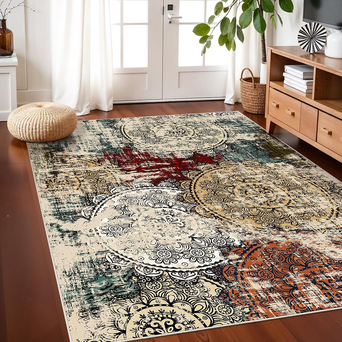 Washable 4x5 Area Rug Abstract: Red Soft Non-slip Mat Bathroom Households