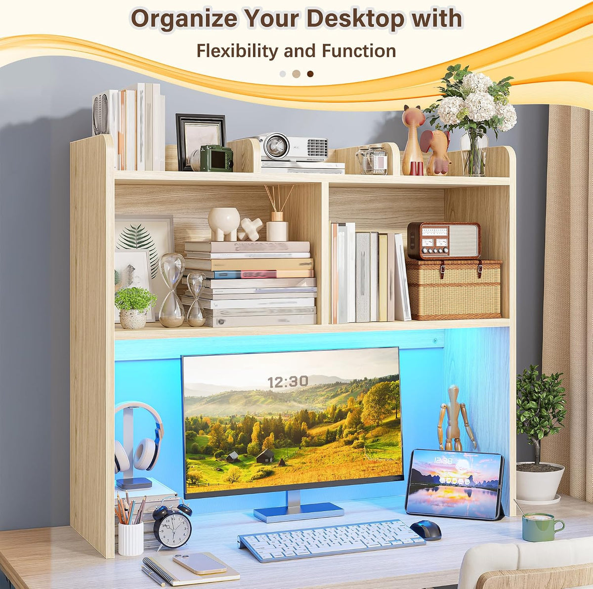 REIBII 3 Tier Desk Hutch, 6 Shelves to Storage, LED Desktop Shelf