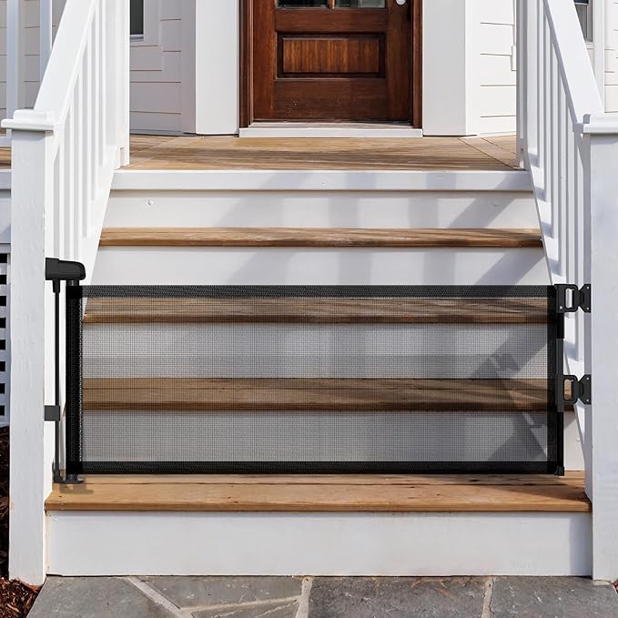 14" H Short Dog Gate Pet Gates Puppy Gate 59" Wide Step Over Pet Fence, Mesh Retractable Indoor Outdoor Expands Up to 59 Inches Small Dog Gates for Doorways Stairs