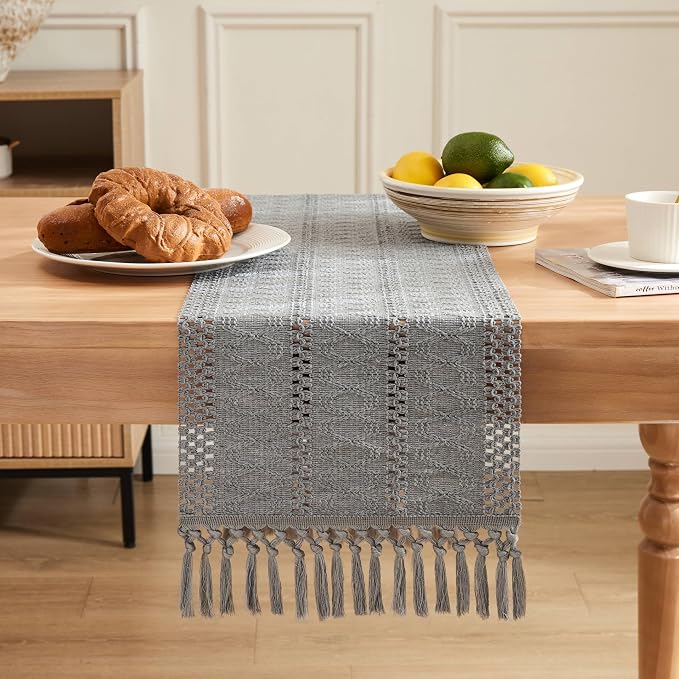 Macrame Style Boho Table Runner, 12x36 Inch Grey | Woven Boho Table Runner