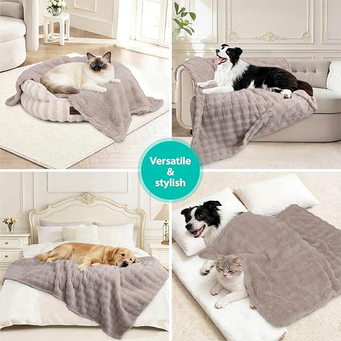 Dog Blankets Washable Pet Blanket - Fluffy Fuzzy Cat Puppy Blanket with Premium 300GSM 3D Fleece Bubble for Pet Kitten Doggy, Linen, 40x60IN
