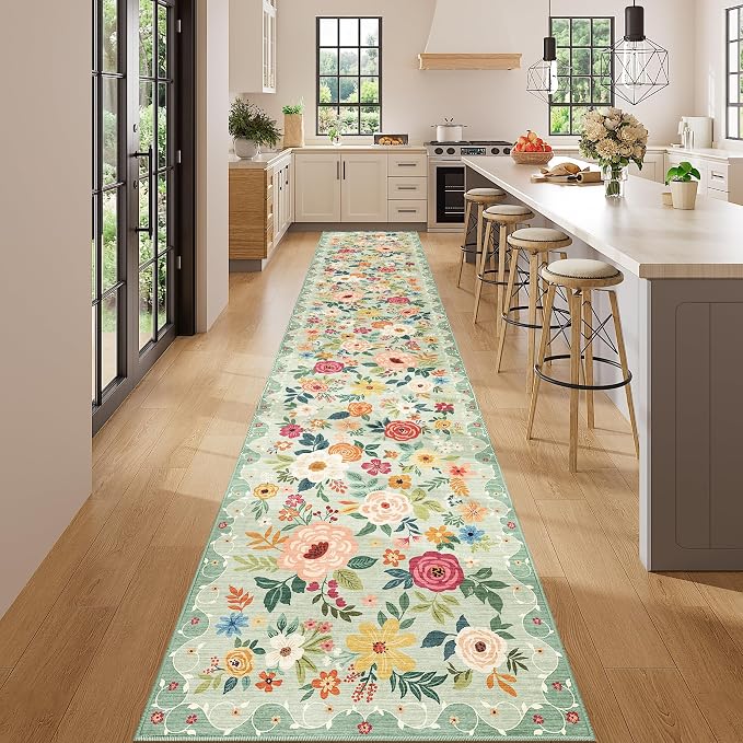 DUKINO 2x14 Runner Rug, Floral Long Washable Boho Kitchen Runner Rug