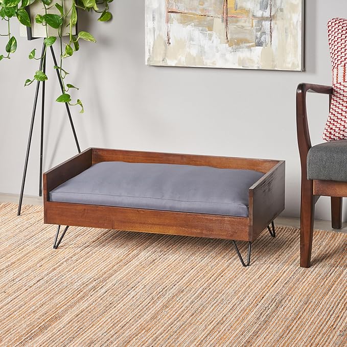 Christopher Knight Home Mid-Century Modern Pet Bed, Brown Acacia Wood Frame with Gray Cushion, Hairpin Legs, 29.5x17.75x11 Inches