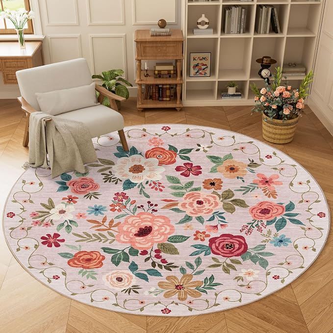 DUKINO Floral Round Rug, 6ft Washable Circle Rug, Non Slip Indoor Low Pile