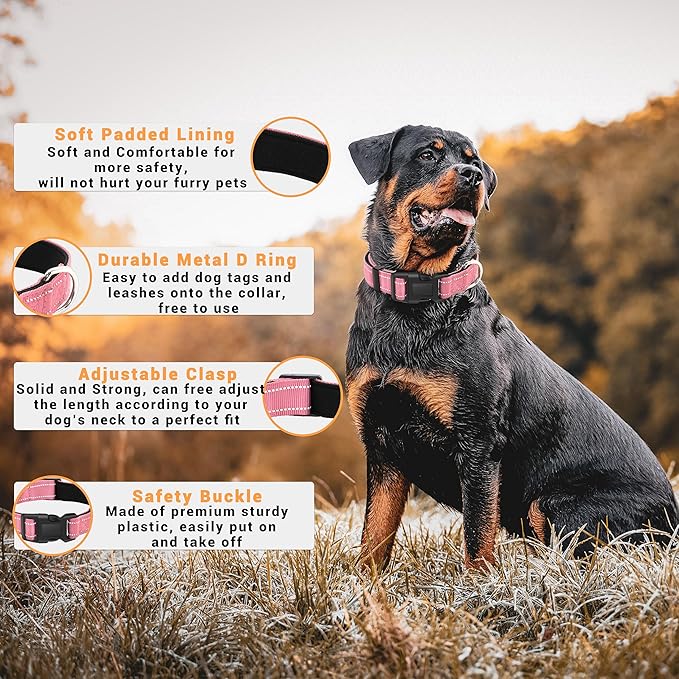2 Pack Reflective Dog Collar with Safety Locking Buckle, Adjustable Soft Breathable Comfortable Nylon Pet Collar for Small, Medium and Large Dogs, Pink, L