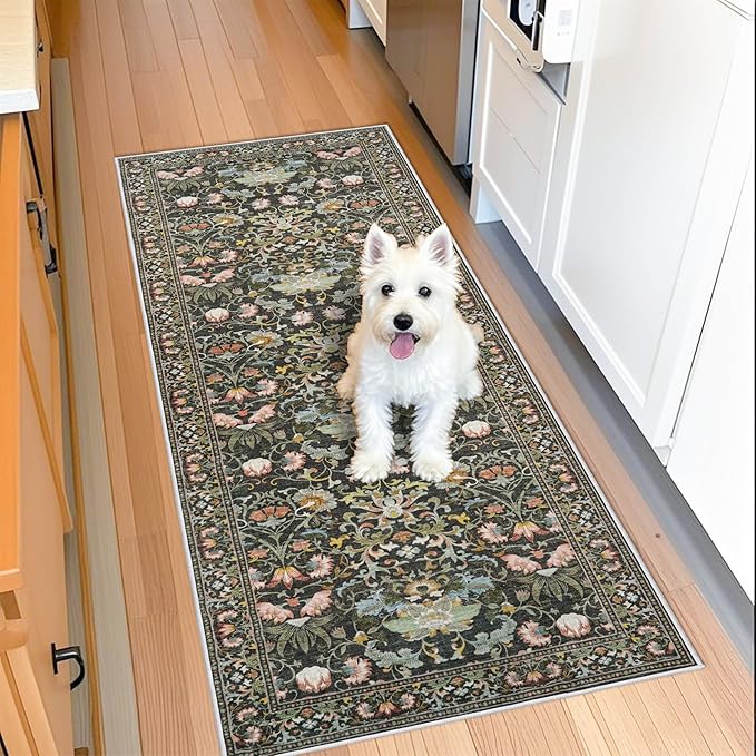 Hallway 2x5 Washable Runner Rug: Oriental Floral Stain Resistant Rug