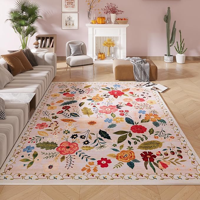 Rugcomf Living Room Rug 5x7 Rug Machine Washable Boho Area Rug Non Slip Floral