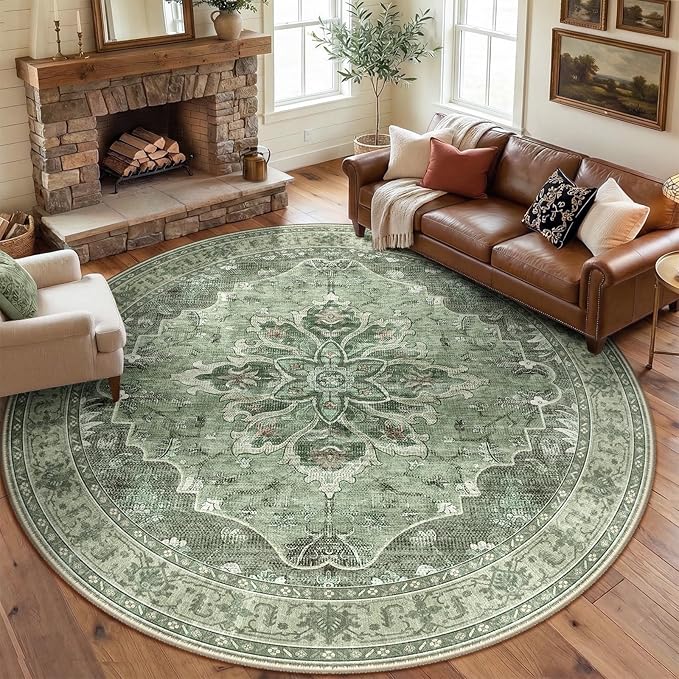 RELEANY Area Rugs Round 8ft Washable Non-Slip, Floral Vintage Distress