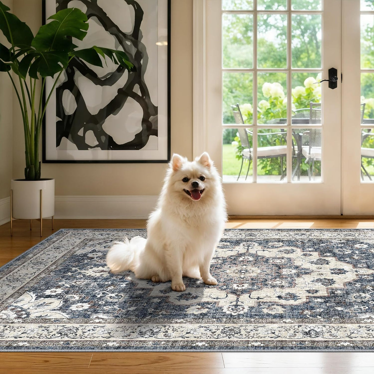 Washable 3x4 Entryway Area Rug: Non-Slip Stain Resistant Floor Mat Light Weight Thin Runner Rug for Hallway Kitchen Bedside Soft Low-Pile Indoor Entrance Carpet for Family with Cats & Dogs (3x4,Blue)