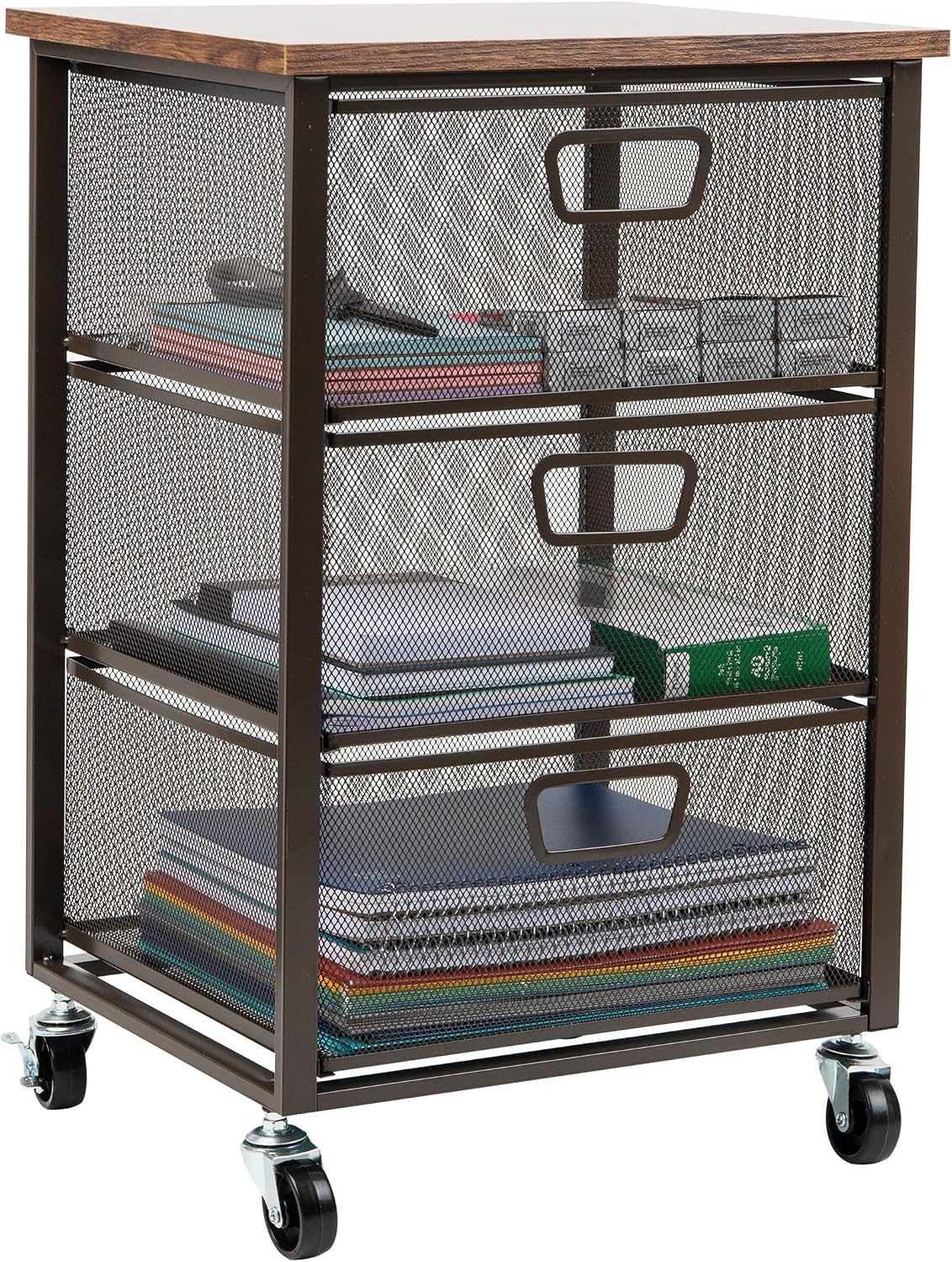 Mind Reader 3 Drawer Storage Organizer with Wood Top, Rolling Office Organizer Cabinet with Wheels, Office, Metal Mesh, Black