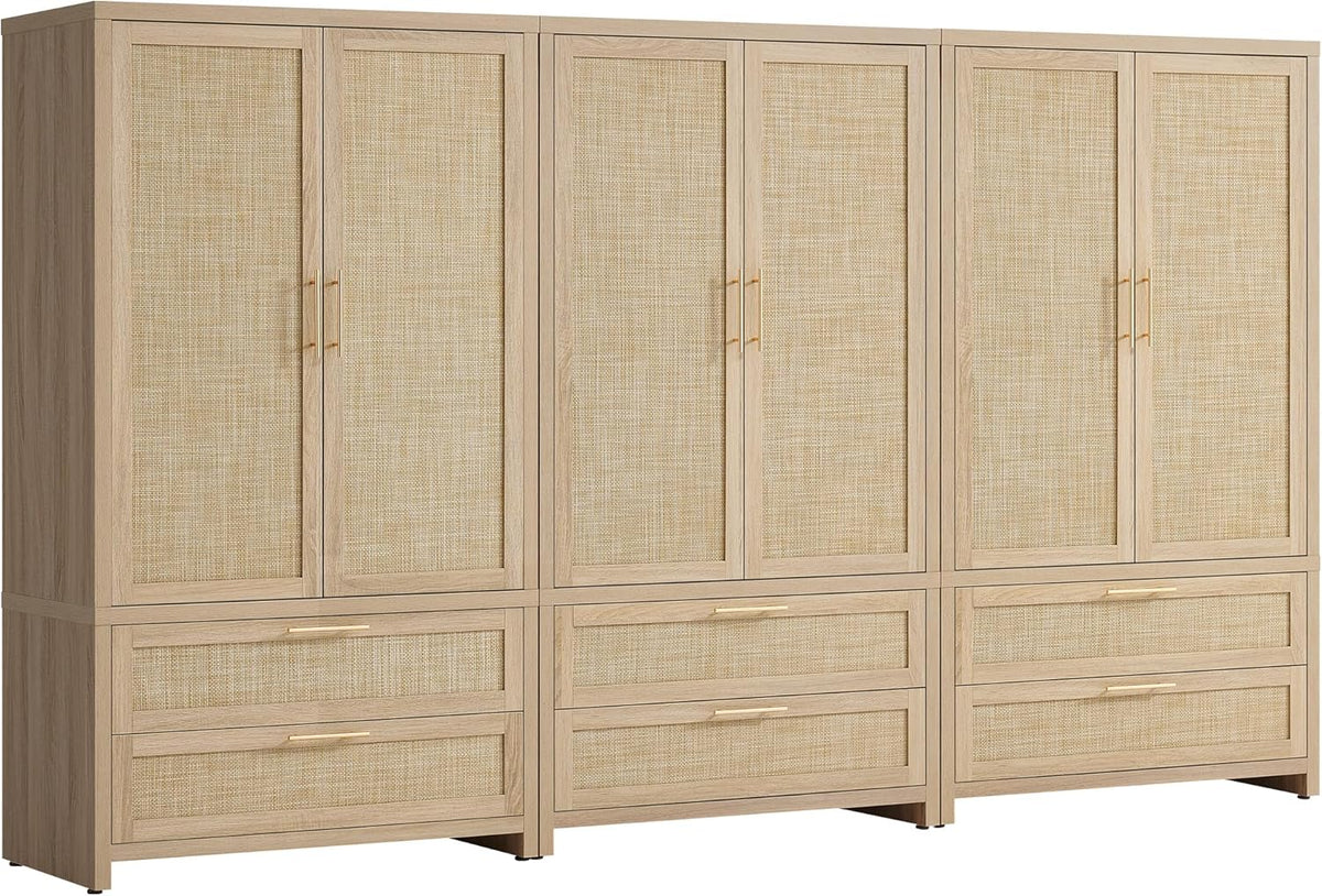 SICOTAS 71 inch Wardrobe Closet, Boho Rattan Armoire Wardrobe with Drawers