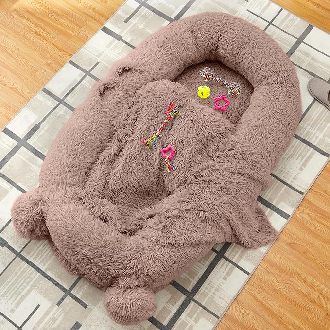 GarveeHome Human Sized Dog Bed, 71" x 45" x 12" Large Dog Bed with 2 Storage Pockets, Fluffy Faux Fur Orthopedic Pet Bean Bed for Adults & Giant Pets - Brown