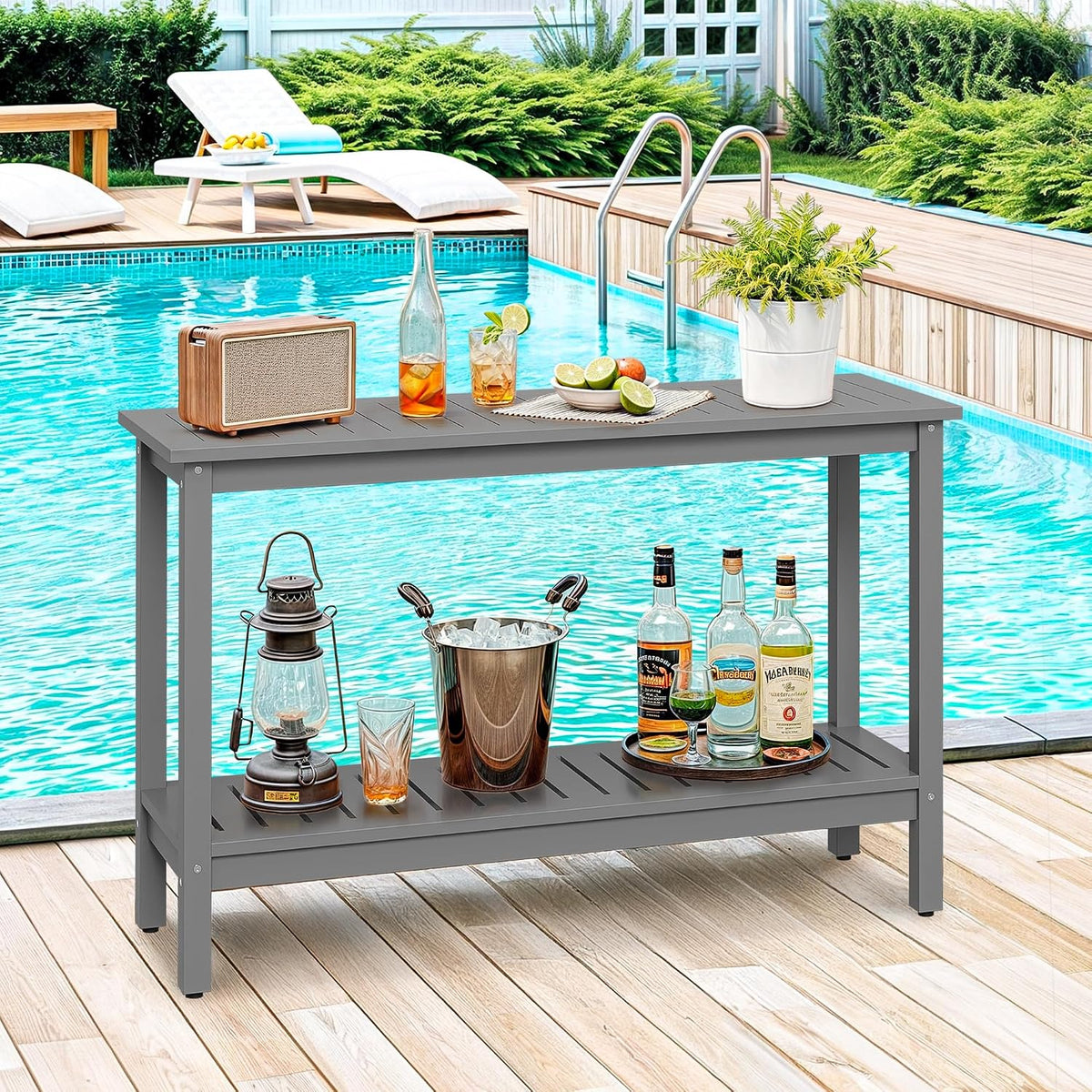 SUPER DEAL 48 inch Outdoor Console Table, 2-Tier Solid Wood Side Table Multifunctional Buffet Bar Storage Organizer with Adjustable Feet for All-Weather Indoor Outdoor Porch, Grey