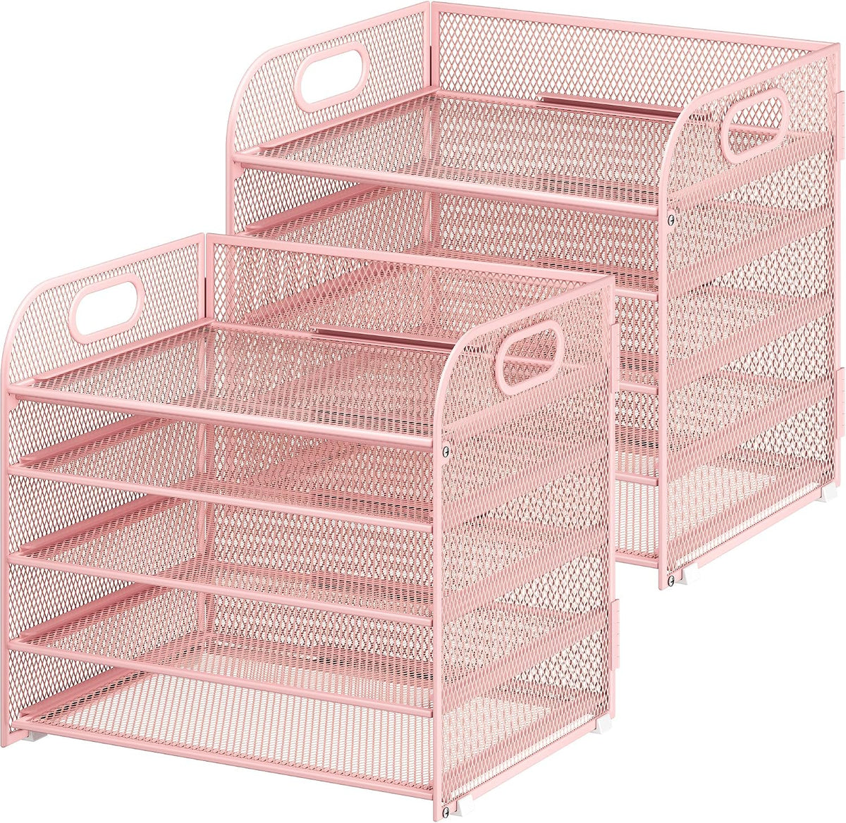 Cawukege 2 Pack 5 Tier Paper Organizer, Letter Tray with Handle, Mesh Desk Organizer, Metal File Organizer, Office Desk Accessories for Home, Office, Classroom, School (Pink, 2)