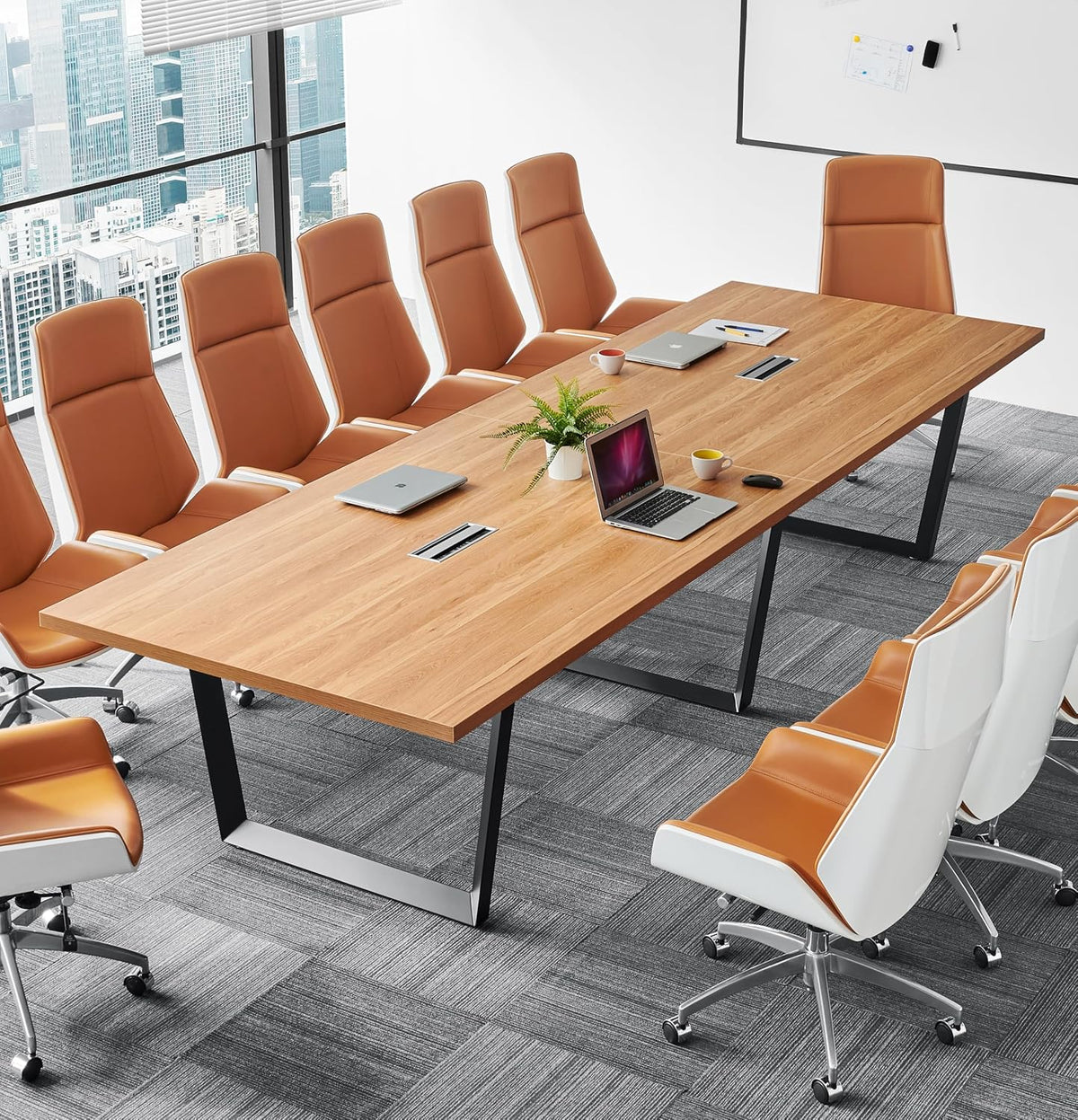 12FT Conference Table with Cable Management Grommets — Modern Rectangle Office Meeting/Boardroom Table with Melamine Wood Top and Metal Frame (Natural)