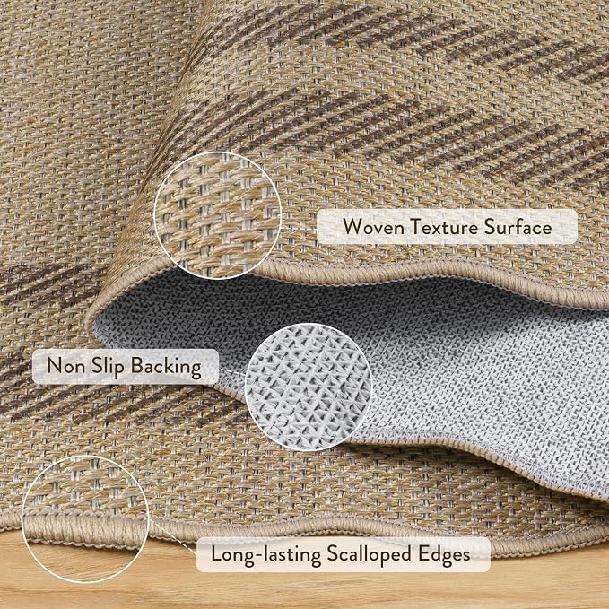 LIVEBOX Scalloped Easy Jute 3x5 Outdoor Rug, Washable Non-Slip Geometric Tan