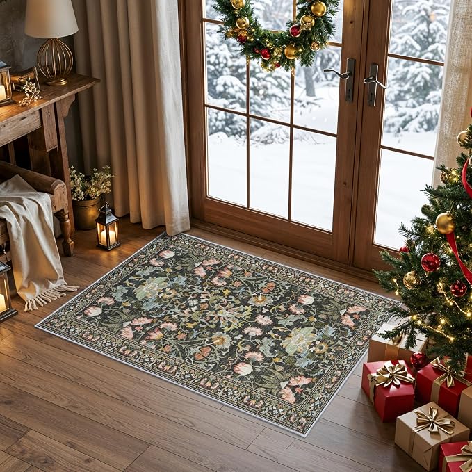 Washable 2x3 Entryway Area Rugs: Vintage Soft Floral Thin Doormat