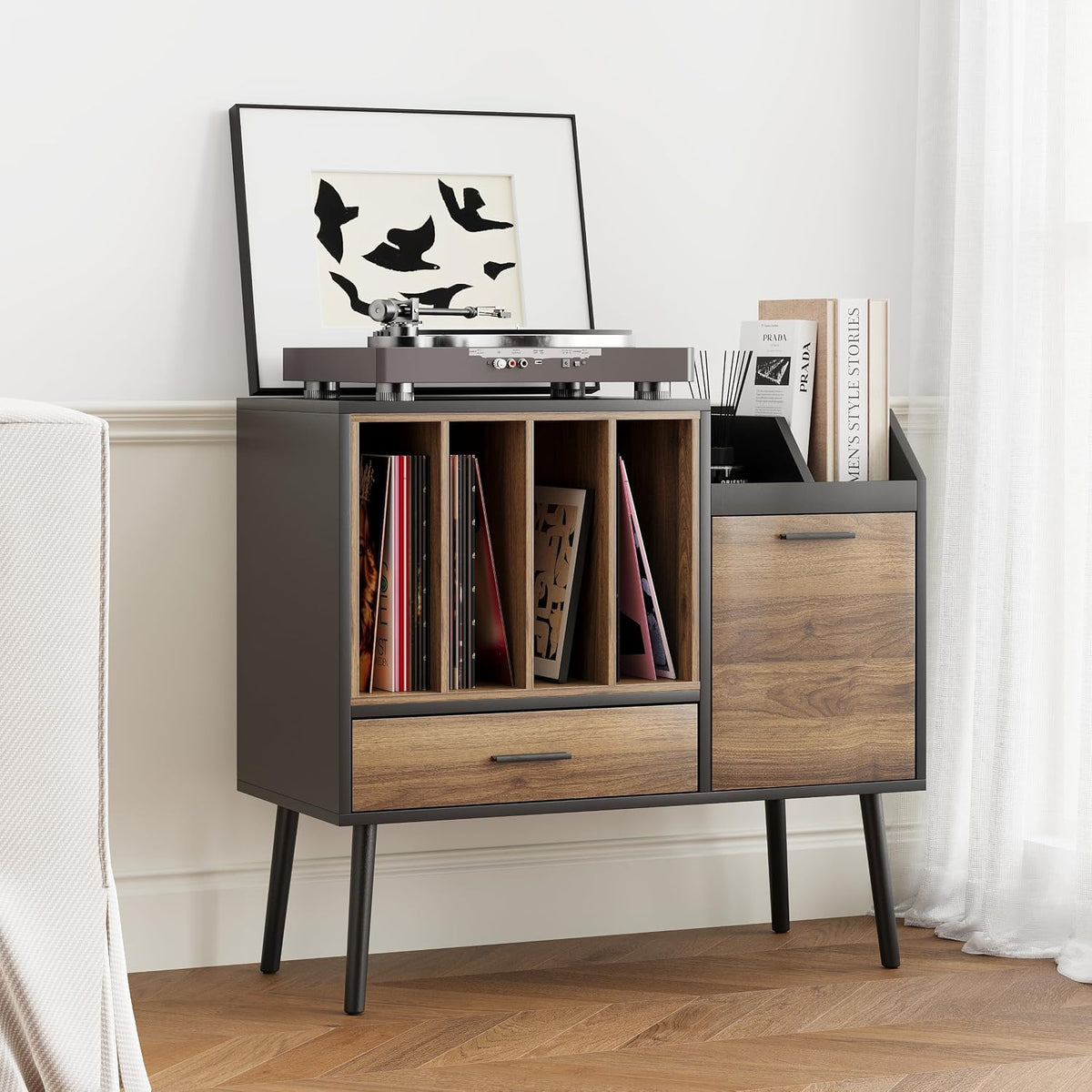Semiocthome Record Player Stand with Nesting Vinyl Storage Crate, Record Player Table with a Drawer, a Cabinet, CDs Storage Area, Side End Table with Solid Wood Legs for Turntables for Living Room