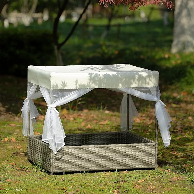Outdoor Elevated Dog Bed with Curtain Canopy, Durable PE Wicker Pet Bed for Dogs and Cats, Patio Pet Furniture with Washable Cushion, Raised Pet Enclosure for Garden, Backyard & Indoor Use