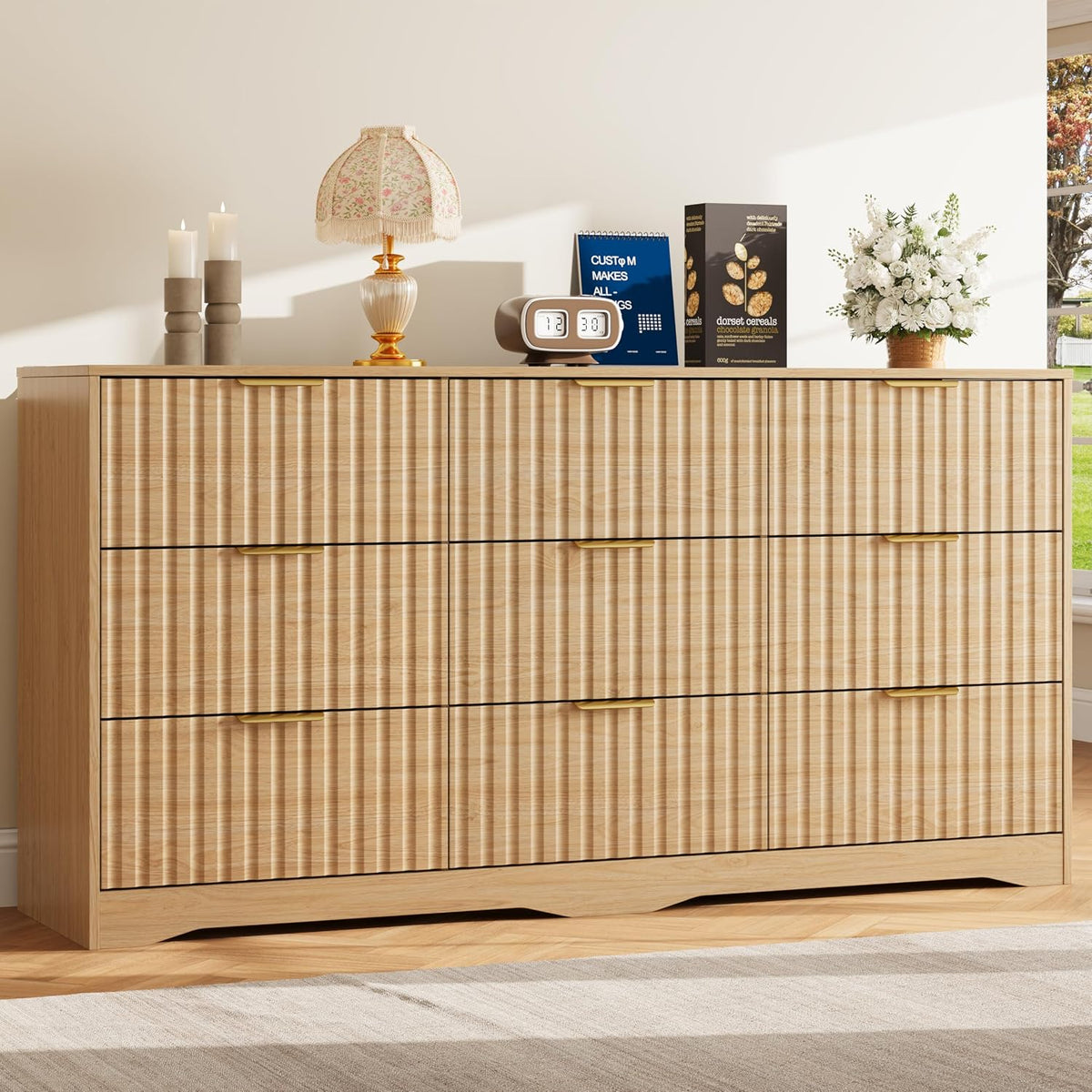 Fluted 9 Drawers Dresser for Bedroom, 63" Wide Wood Dressers, Natural Oak