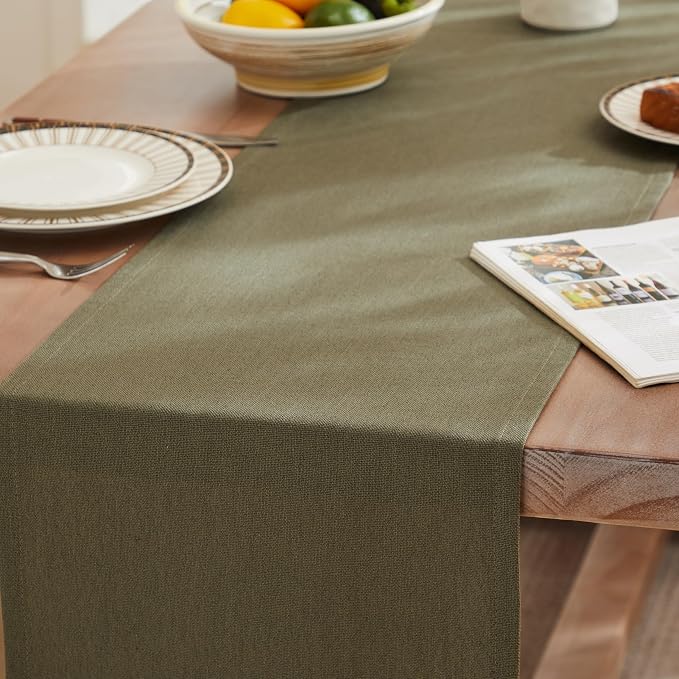 Rustic Cotton Linen Table Runner, 13x108 Inches Olive | Farmhouse Style Linen