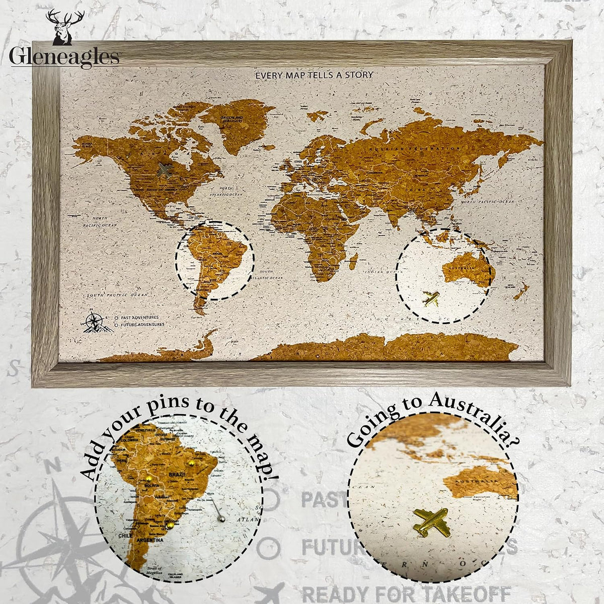 Gleneagles World Travel Map Pin Board - Beige Cork, 70 Pins, Wall Decor