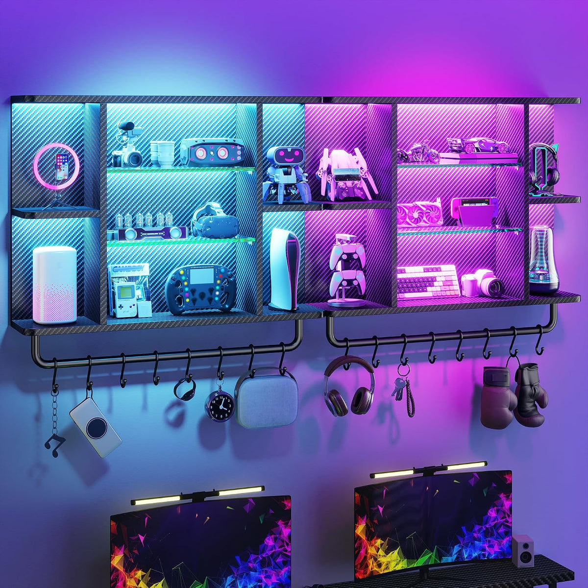 REIBII 34" Gaming Floating Shelves, LED Wall Mounted Shelf with Adjustable Glass Shelf, 7 Tiers Display Rack with 8 S-Hook, Gaming Room Decor Wine Coffee Bar, Black Carbon Fiber