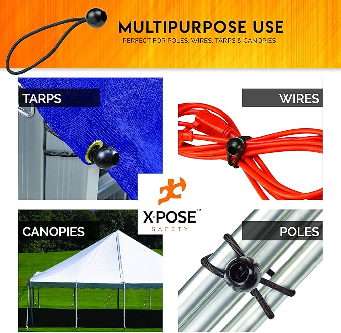 Xpose Safety Bungee Ball Cords 11" 100 Pack Heavy Duty Black Stretch Rope with Ball Ties for Canopies, Tarps, Walls, Cable Organization